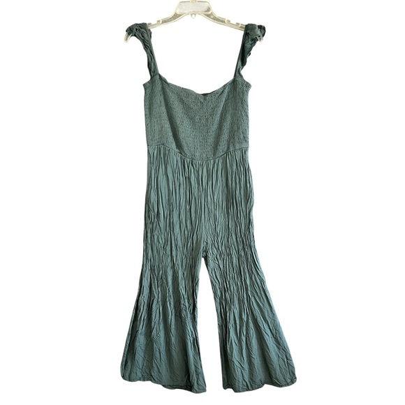 AAKAA Rayon Wide Leg Cropped Jumpsuit Smocked Top Culotte Size Large - Picture 1 of 10